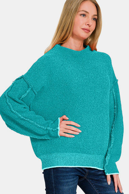 Oversized Mock Neck Raw Seam Chenille Sweater