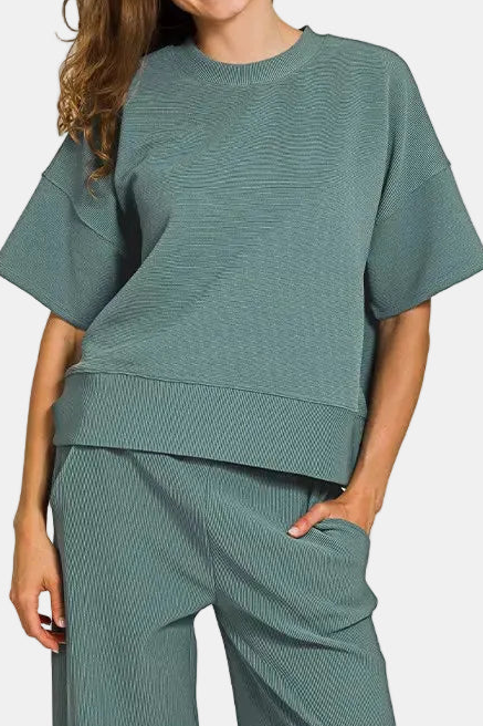 Ribbed Round Neck Tee & Pants Set / ASH JADE