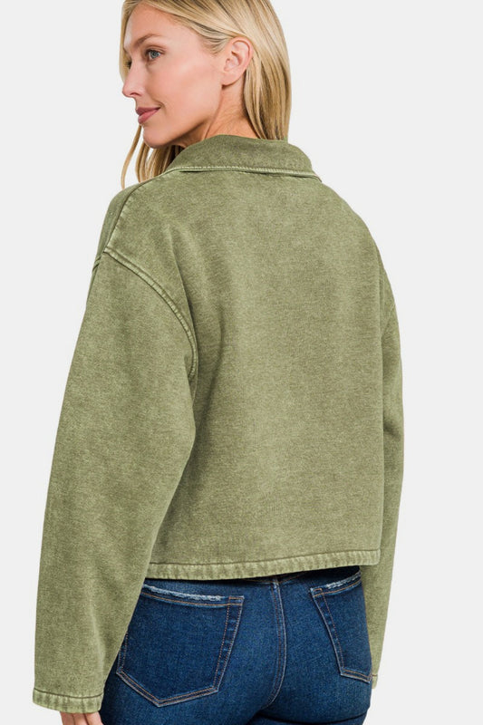 Acid Wash Fleece Half Snap Pullover w/ Kangaroo Pocket / LT OLIVE