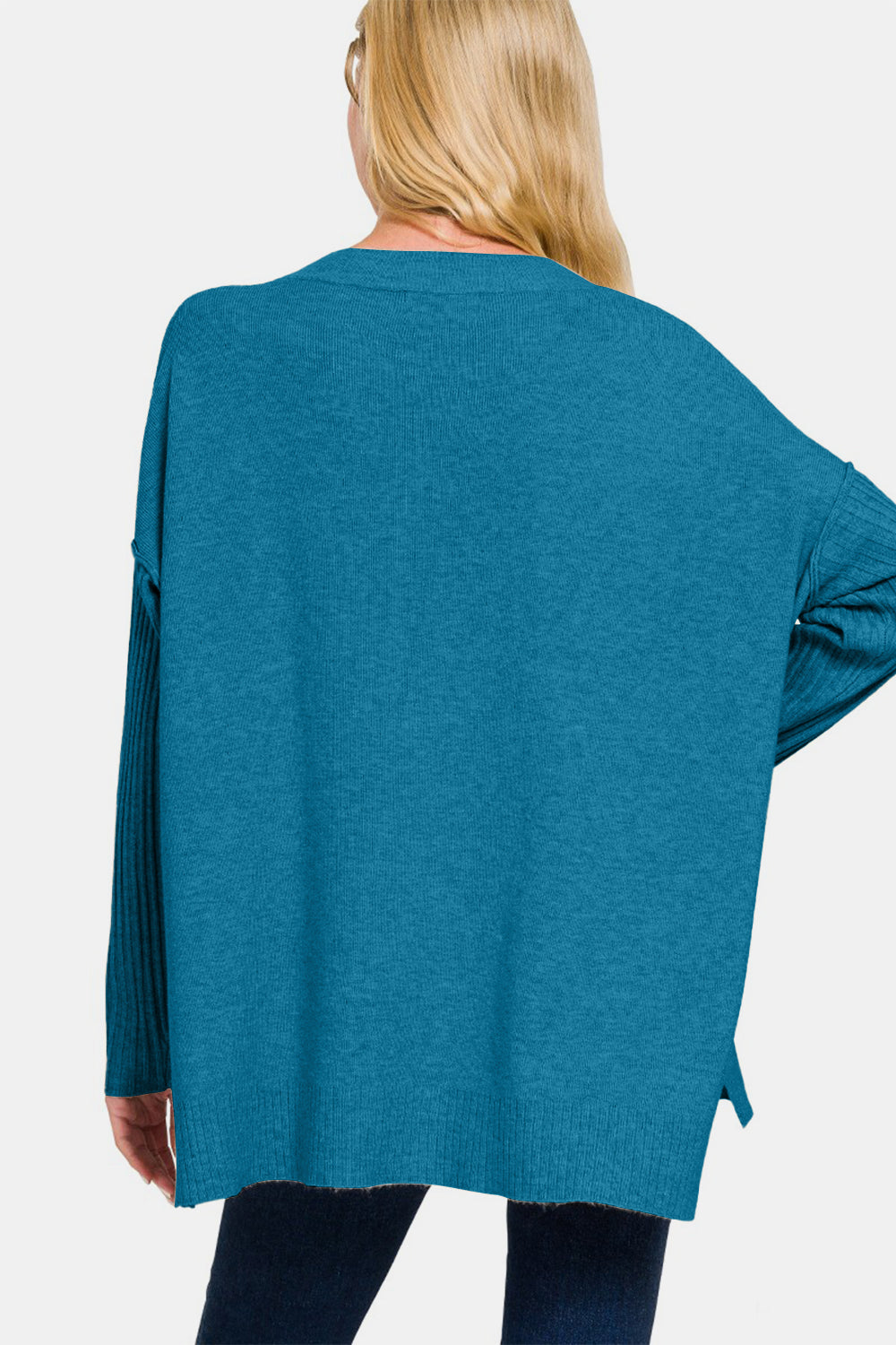 Viscose Ribbed Hem & Sleeve V-Neck Sweater