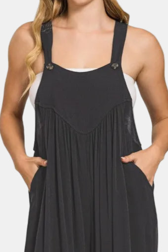 Woven Rayon Crepe Overalls / BLACK