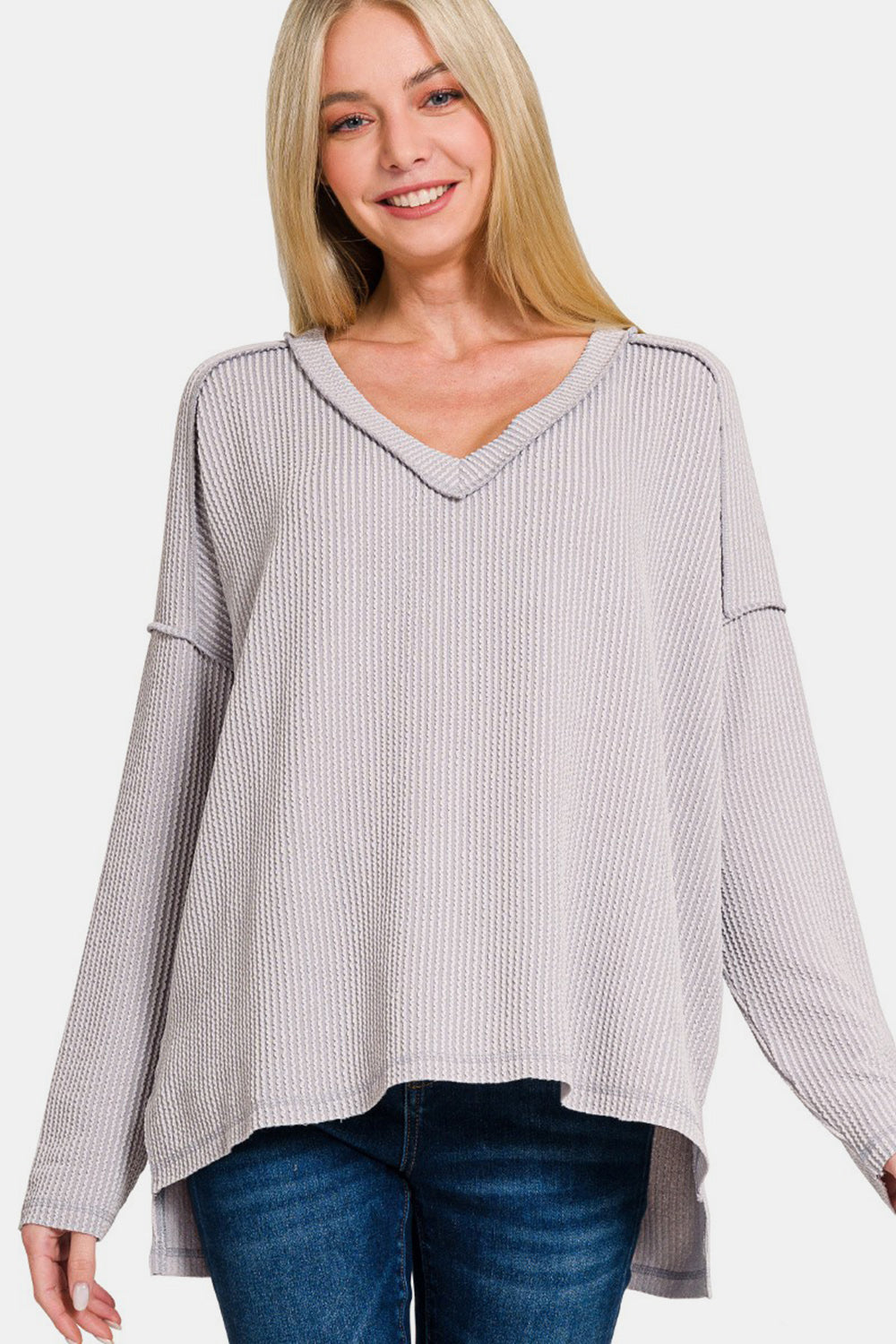 Corded Rib Long Sleeve Hi-Low V Neck Top