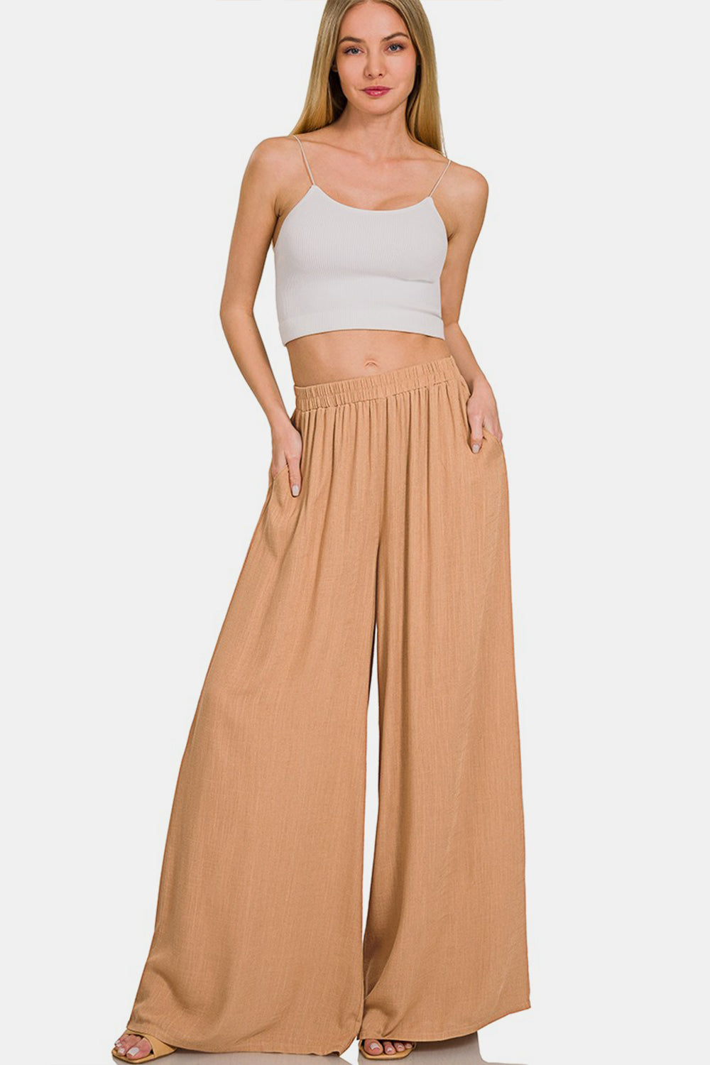 Woven Pleated Linen Blend Wide Leg Pants