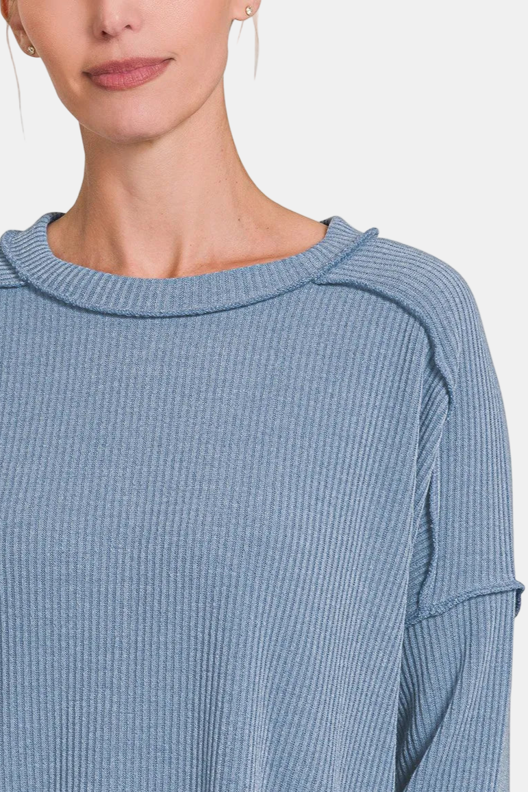 Ribbed Drop Shoulder Round Neck Sweater / DENIM