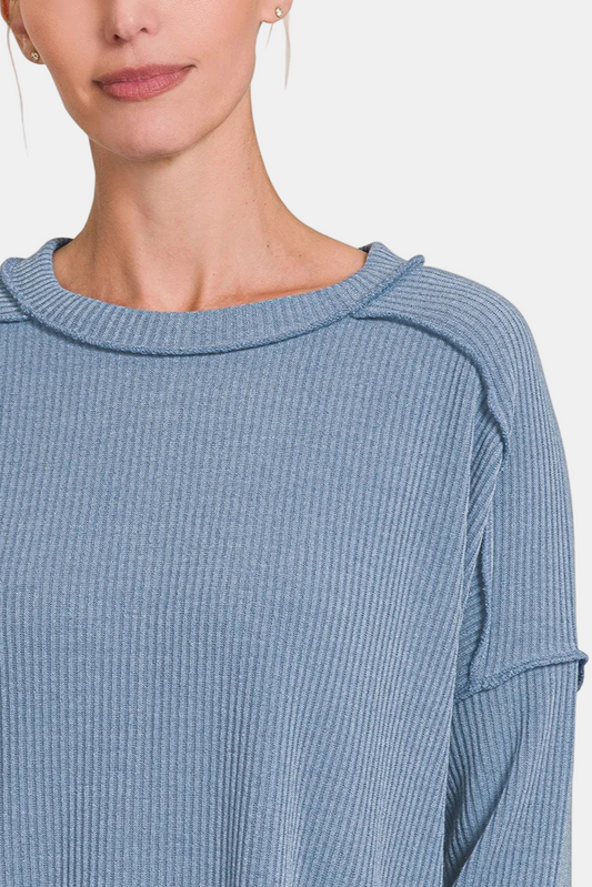 Ribbed Drop Shoulder Round Neck Sweater / DENIM