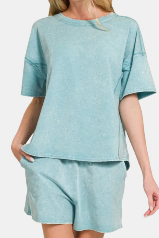 Acid Washed Short Sleeve Tee & Shorts Set / DUSTY TEAL