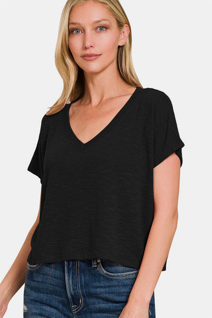 V-Neck Drop Shoulder Short Sleeve Crop Top