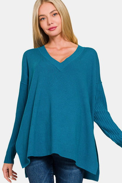 Viscose Ribbed Hem & Sleeve V-Neck Sweater