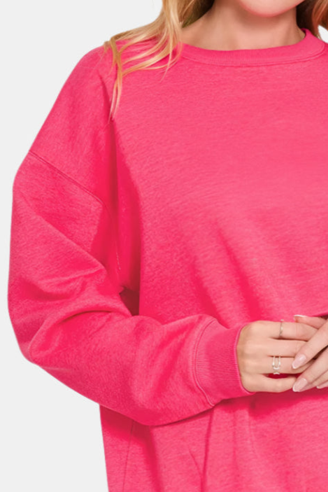 Fleece Crewneck Pullover Sweatshirt / FUCHSIA