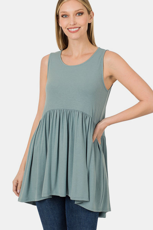 Sleeveless Waist Shirring High-Low Top