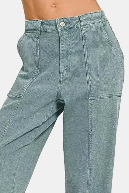 Straight Leg Utility Pocket Color Denim Pants / TEAL