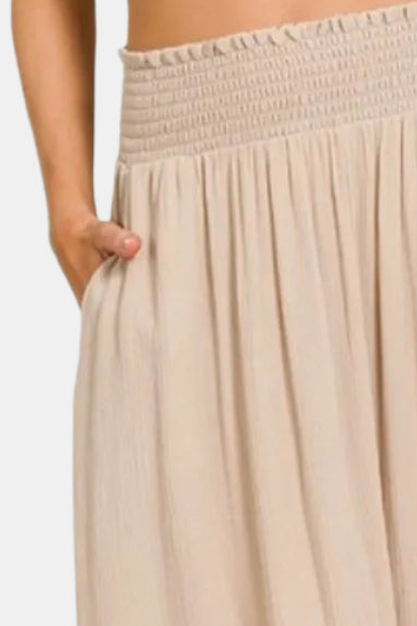 Woven Crinkle Smocked Waist Side Slit Maxi Skirt With Pockets / SAND BEIGE
