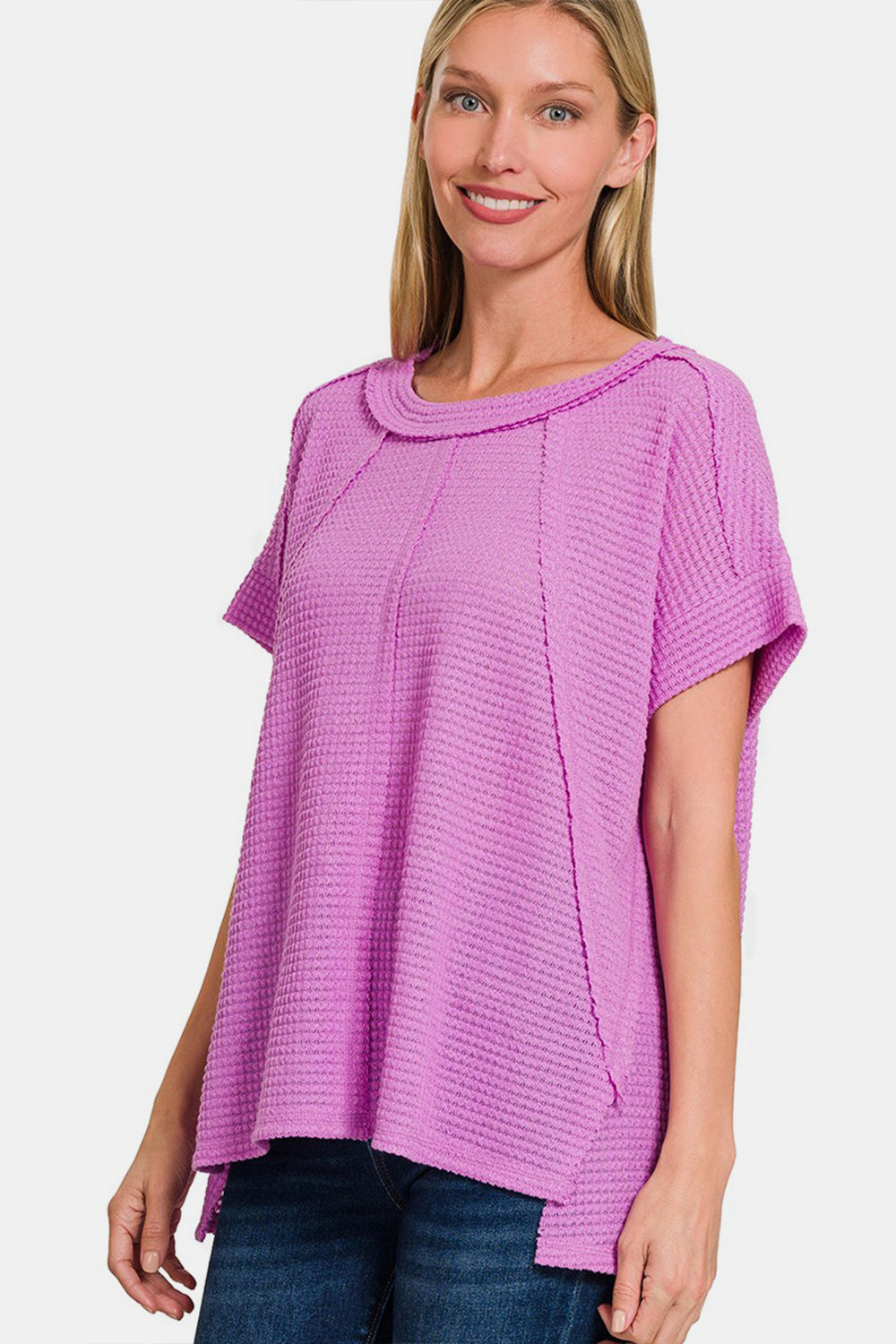 Brushed Waffle Exposed-Seam Short Sleeve Top