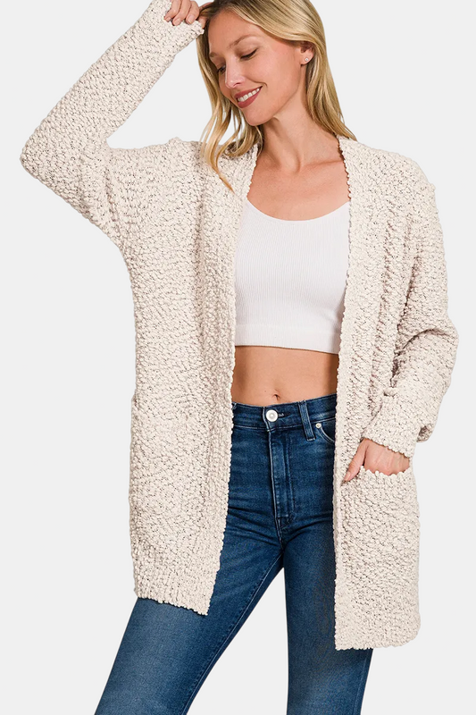 Long Sleeve Popcorn Sweater Cardigan with Pockets / SAND BEIGE