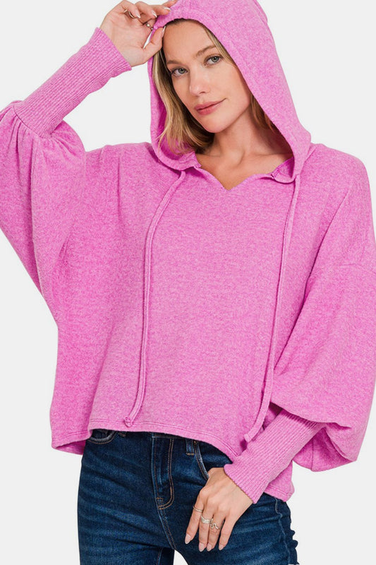 Soft Brushed Hacci Cropped Balloon Sleeve Hoodie