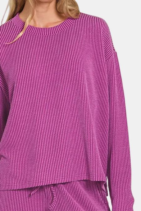Raised Rib Long Sleeve Tee & Shorts Set / PLUM