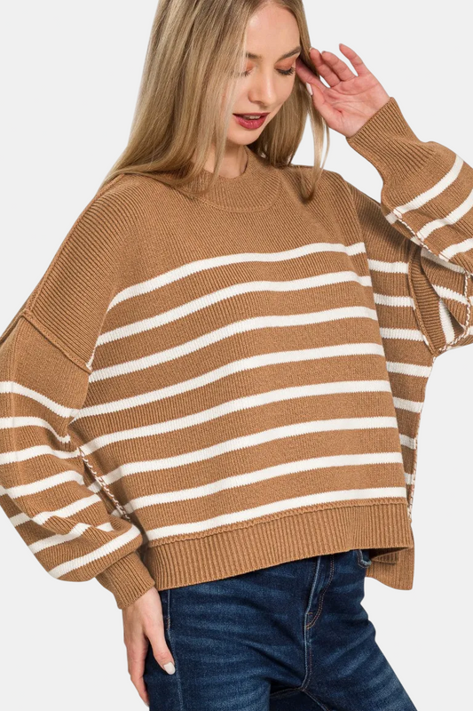 Exposed Seam Striped Oversized Sweater / DEEP CAMEL