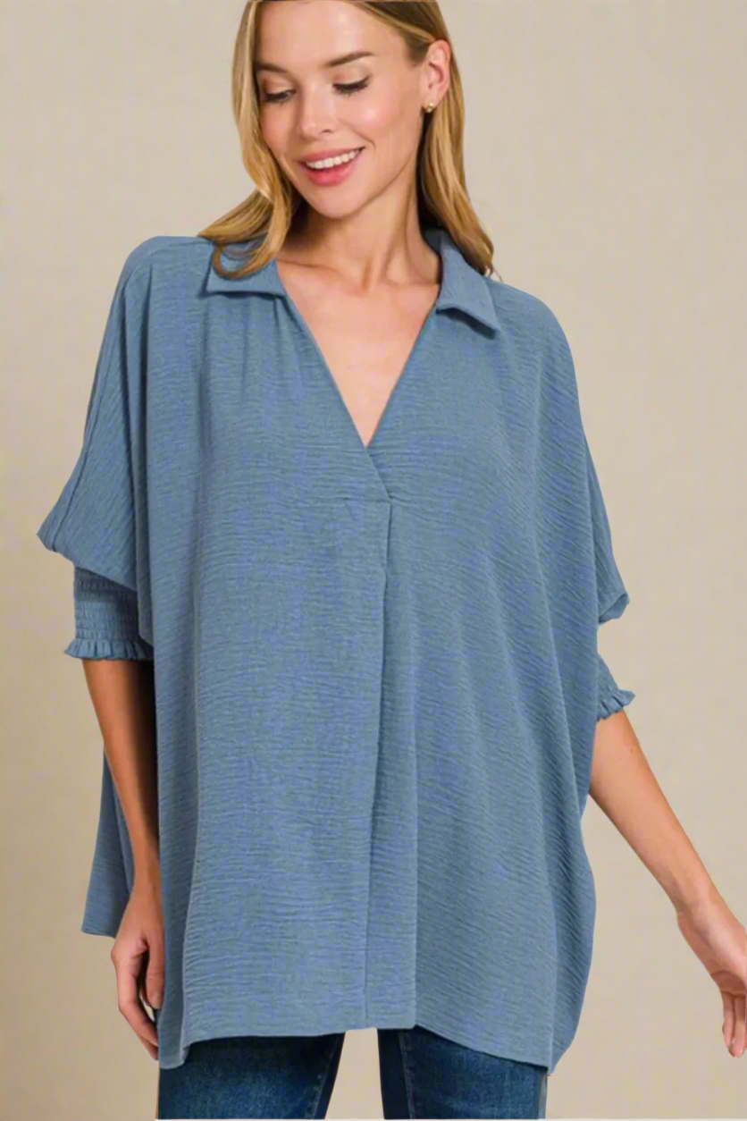 Airflow Collar Tee with Smocked Sleeve Band Top / DUSTY BLUE