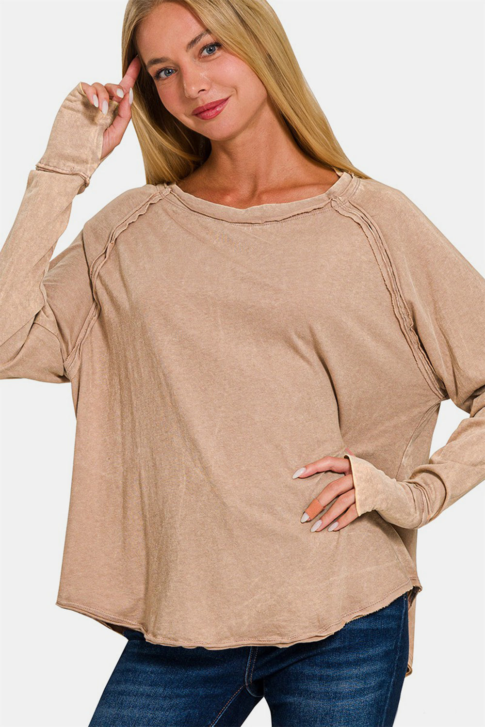 Washed Thumb Hole Cuffs Scoop-Neck Long Sleeve Top