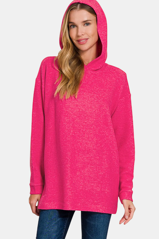 Hooded Brushed Melange Hacci Sweater / HOT PINK