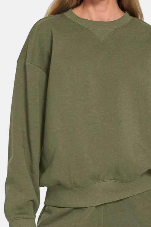 Fleece Long Sleeve Sweatshirt & Shorts Set / DK OLIVE