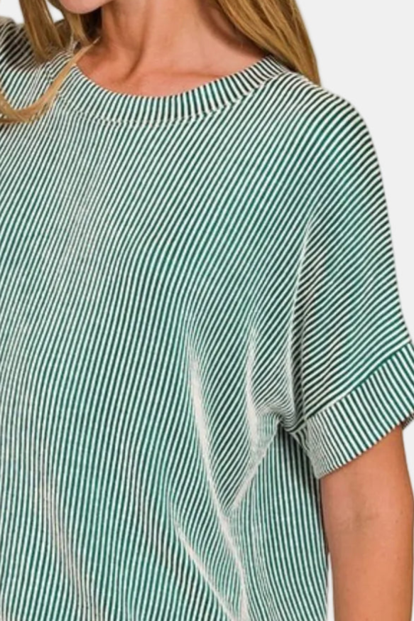 Corded Rib Short Sleeve Top / DK GREEN