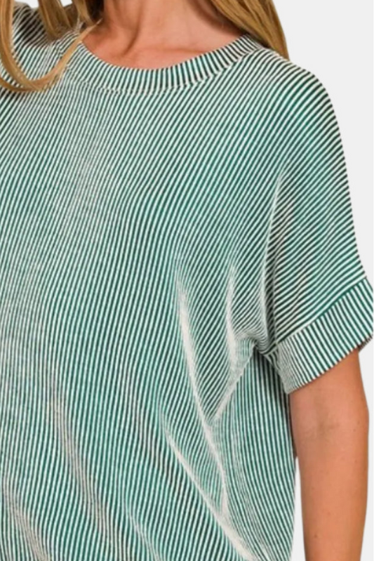 Corded Rib Short Sleeve Top / DK GREEN