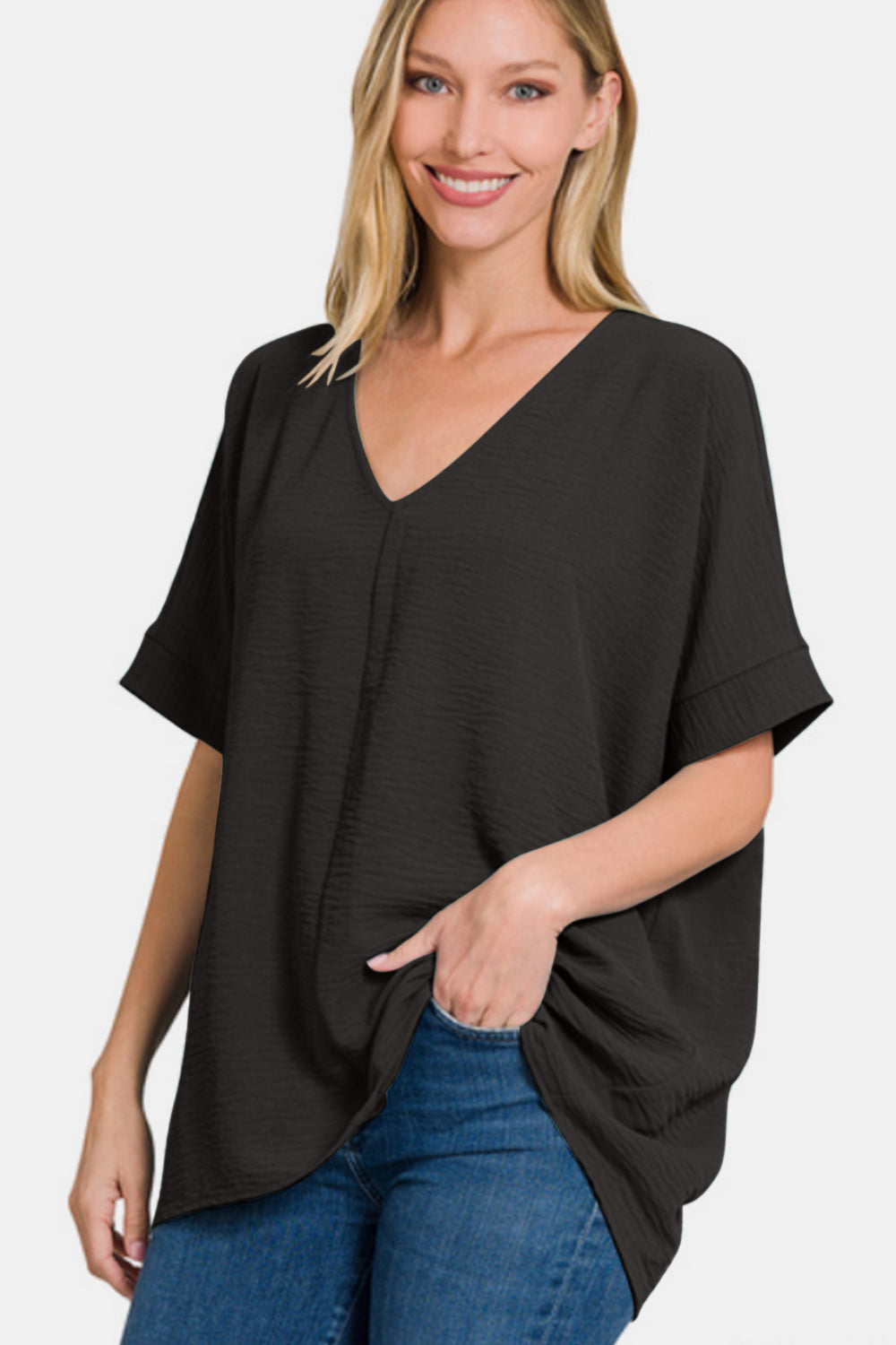 Woven Airflow V-neck Dolman Short Sleeve Top