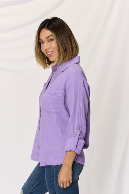 Double Gauze Button Down Roll-up Long Sleeve Shirt