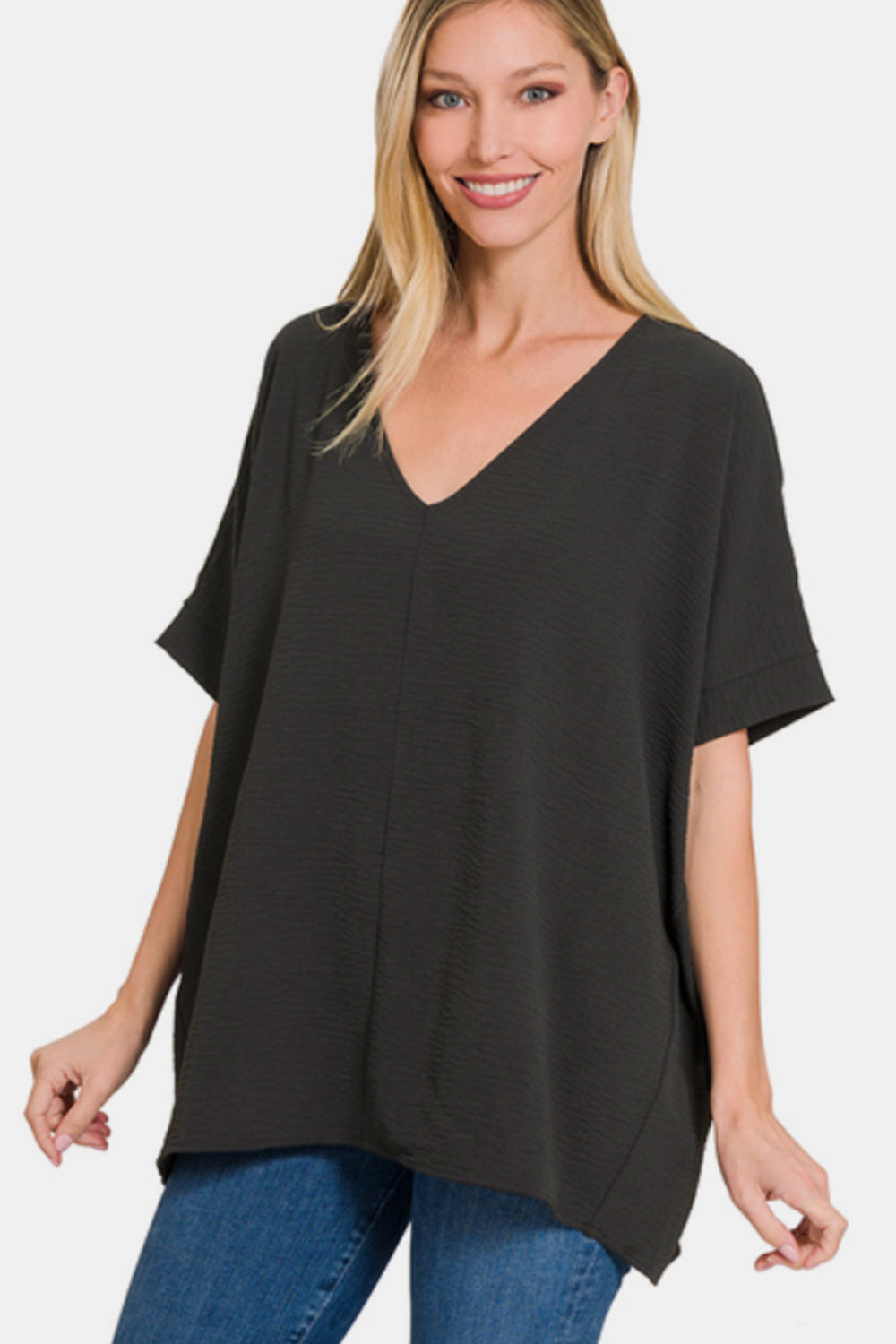 Woven Airflow V-neck Dolman Short Sleeve Top