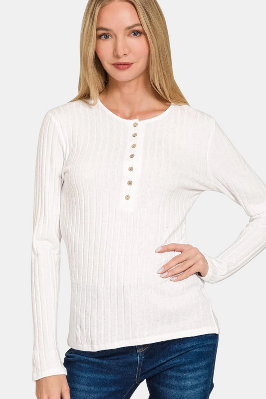 Ribbed Long Sleeve Button Down Top / OFF WHITE