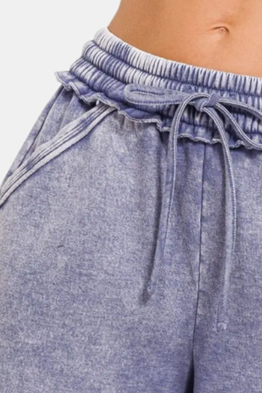 Acid Wash Fleece Drawstring Shorts With Pockets / MARLIN