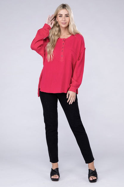 Double Gauze Oversized 3/4 Button Henley Neck Top