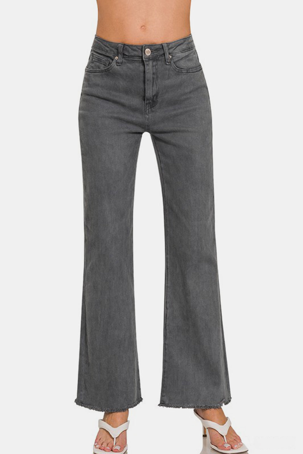 Acid Washed High Waist Frayed Hem Bootcut Pants