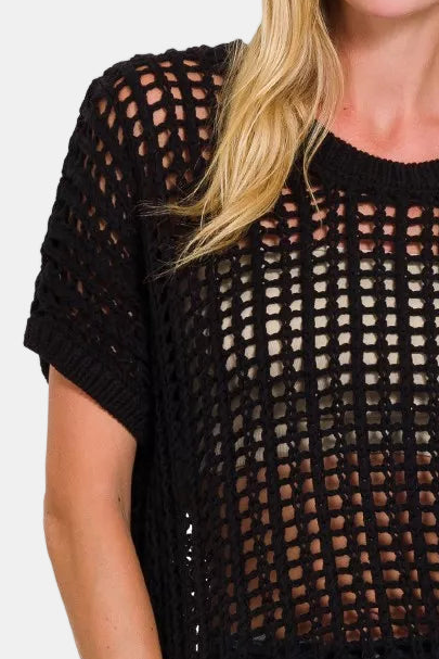 Fish Net Short Sleeve Crochet Sweater / BLACK