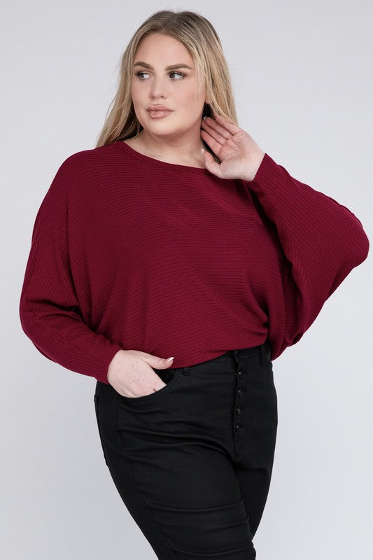 Plus Ribbed Batwing Long Sleeve Boat Neck Sweater