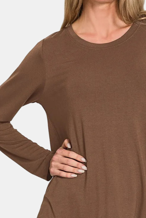 Flowy Round Hem Rayon Long Sleeve Top / BROWN