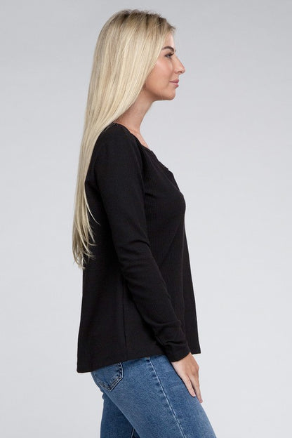 Melange Baby Waffle V-Neck Long Sleeve Top