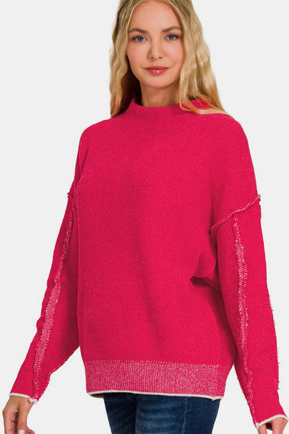 Oversized Mock Neck Raw Seam Chenille Sweater