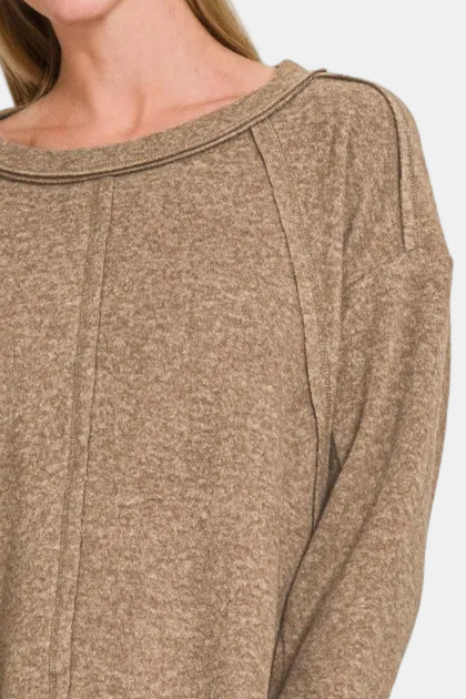Brushed Hacci Exposed Seam Hi Low Sweater / MOCHA