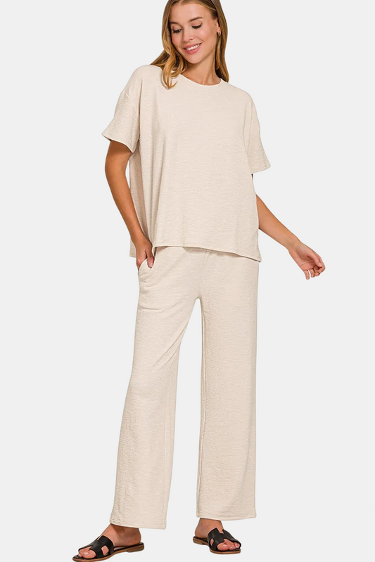 Slub Short Sleeve Top & Pants Set / SAND BEIGE