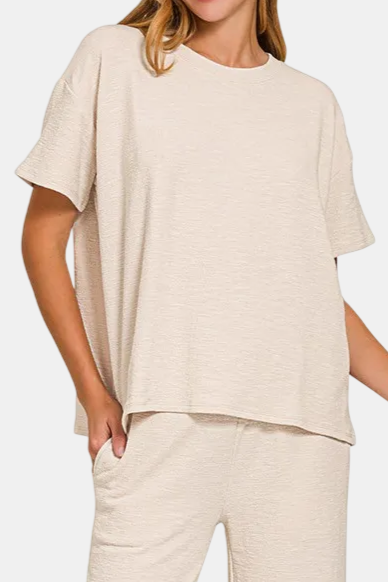 Slub Short Sleeve Top & Pants Set / SAND BEIGE