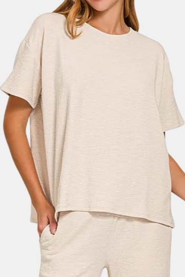 Slub Short Sleeve Top & Pants Set / SAND BEIGE