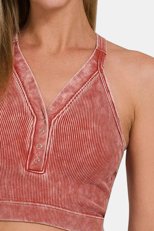 Washed Ribbed Seamless Button V-Neck Tank Top / RUST