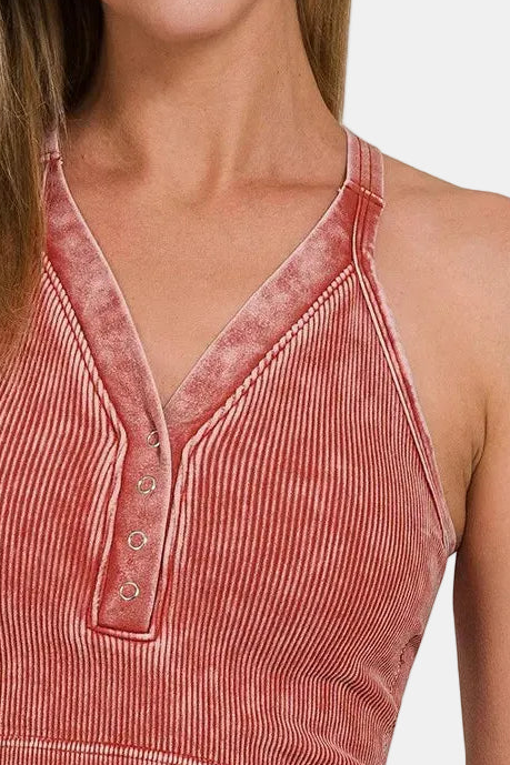 Washed Ribbed Seamless Button V-Neck Tank Top / RUST