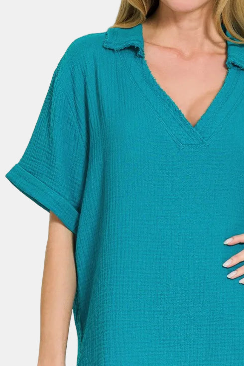 Double Gauze V-Neck Short Sleeve Top / LT TEAL