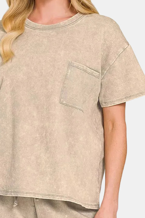 French Terry Acid Washed Relaxed Top & Short Set / SLEET