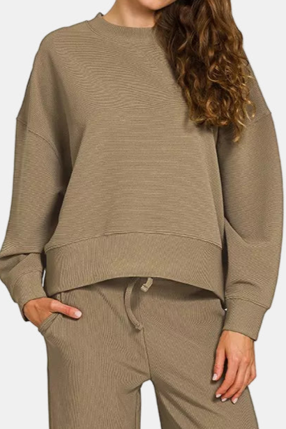 Ribbed Round Neck Pullover & Pants Set / OLIVE KHAKI