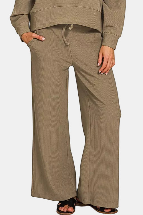 Ribbed Round Neck Pullover & Pants Set / OLIVE KHAKI