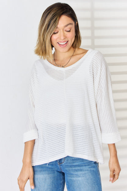 3/4 Sleeve V-Neck Hi-Low Hem Jacquard Sweater